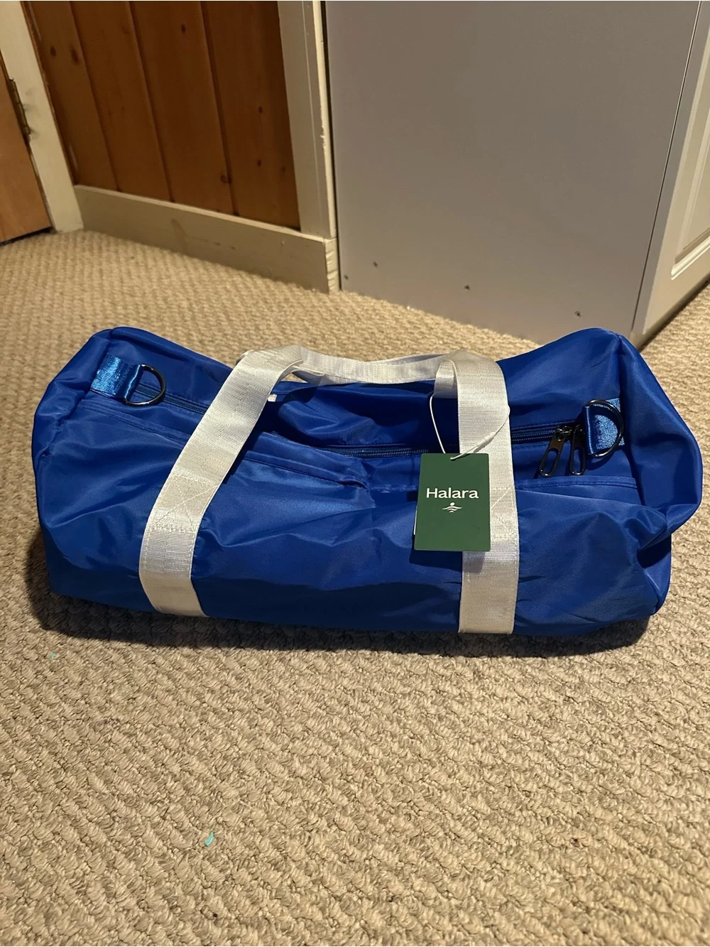 HALARA Blue Gym Duffel Bag with White Straps